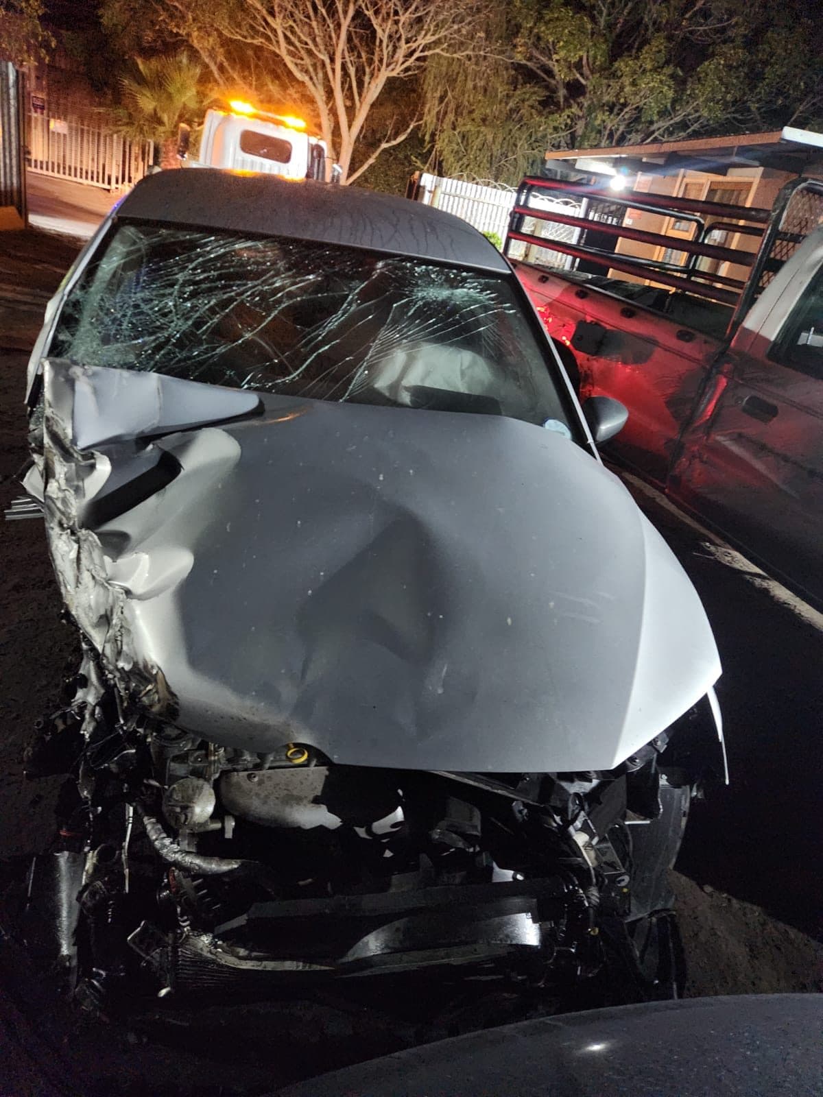The Polo's buckled bonnet and shattered windscreen